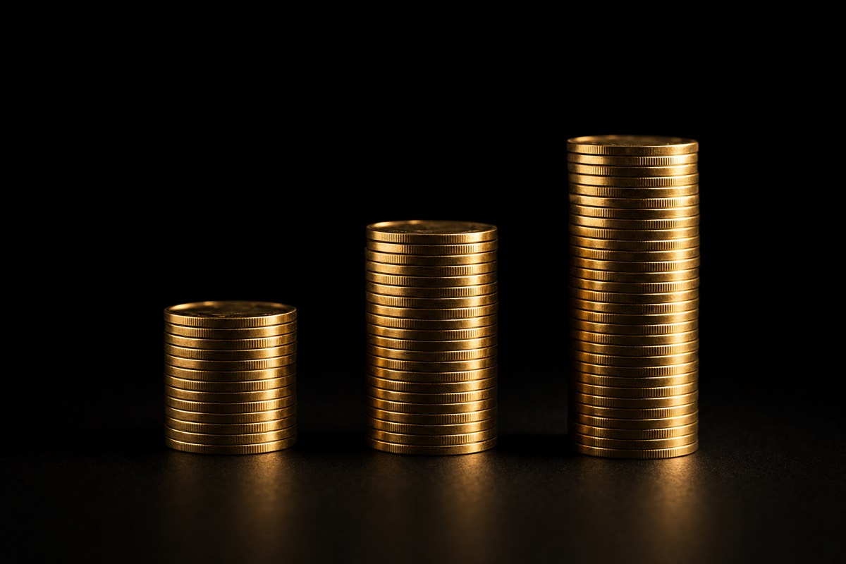 Trois colonnes de pièces d'or de hauteurs différentes — fourchettes d'honoraires