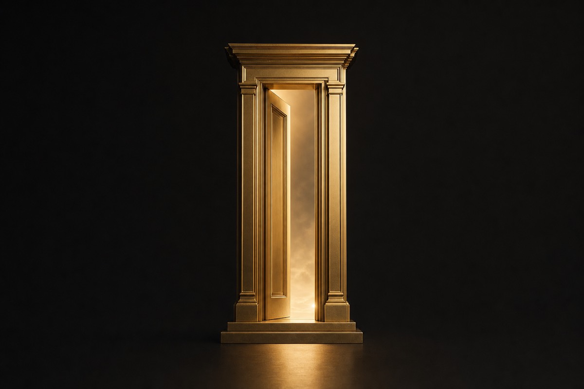 Porte encadrée d'or laissant passer la lumière — accès à la justice