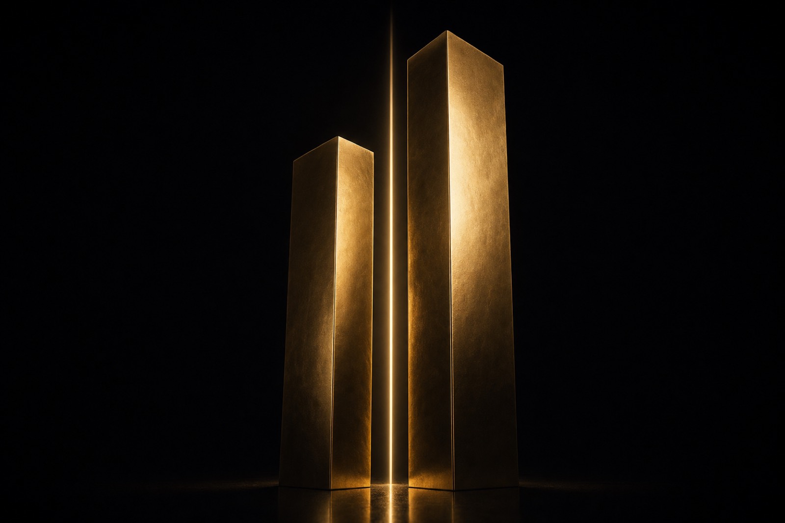 Deux monolithes dorés face à face séparés par une ligne de lumière — Julie vs Doctrine