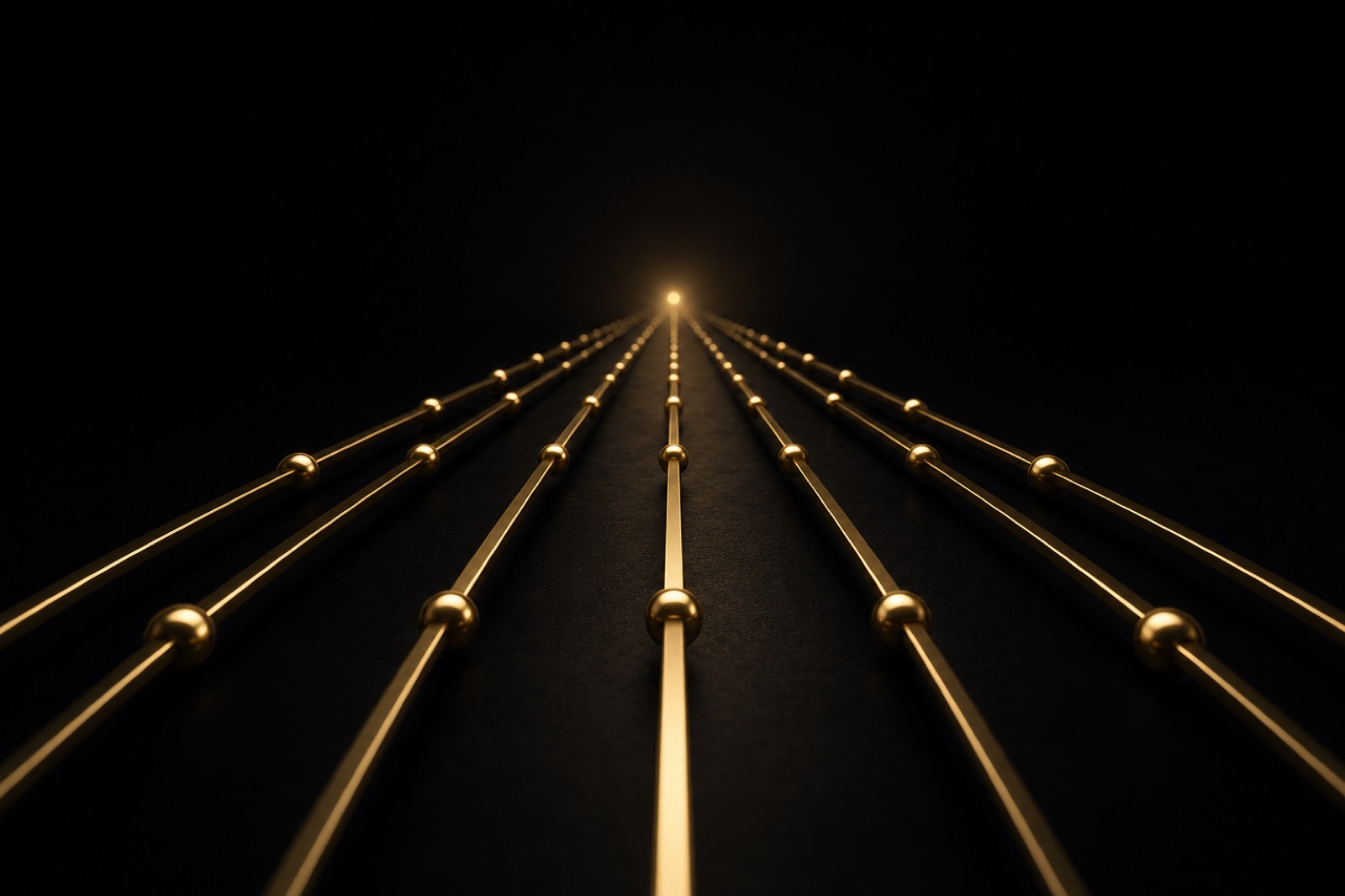Lignes dorées convergeant vers un point lumineux — chronologie Predictice