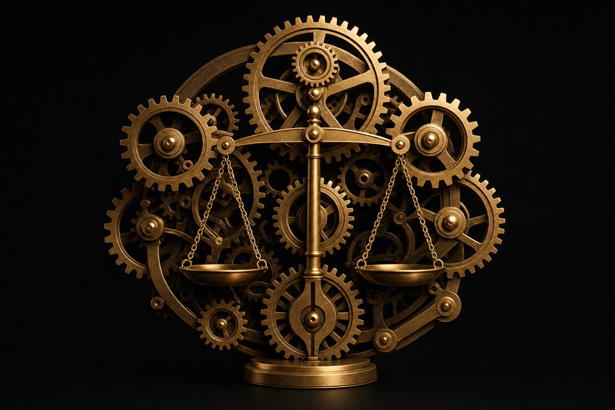 Engrenages dorés et balance — l'IA dans les cabinets d'avocats
