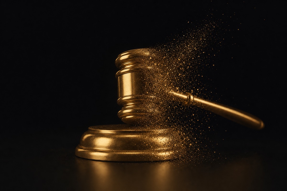 Motif de marteau de justice doré en particules — l'IA dans les juridictions