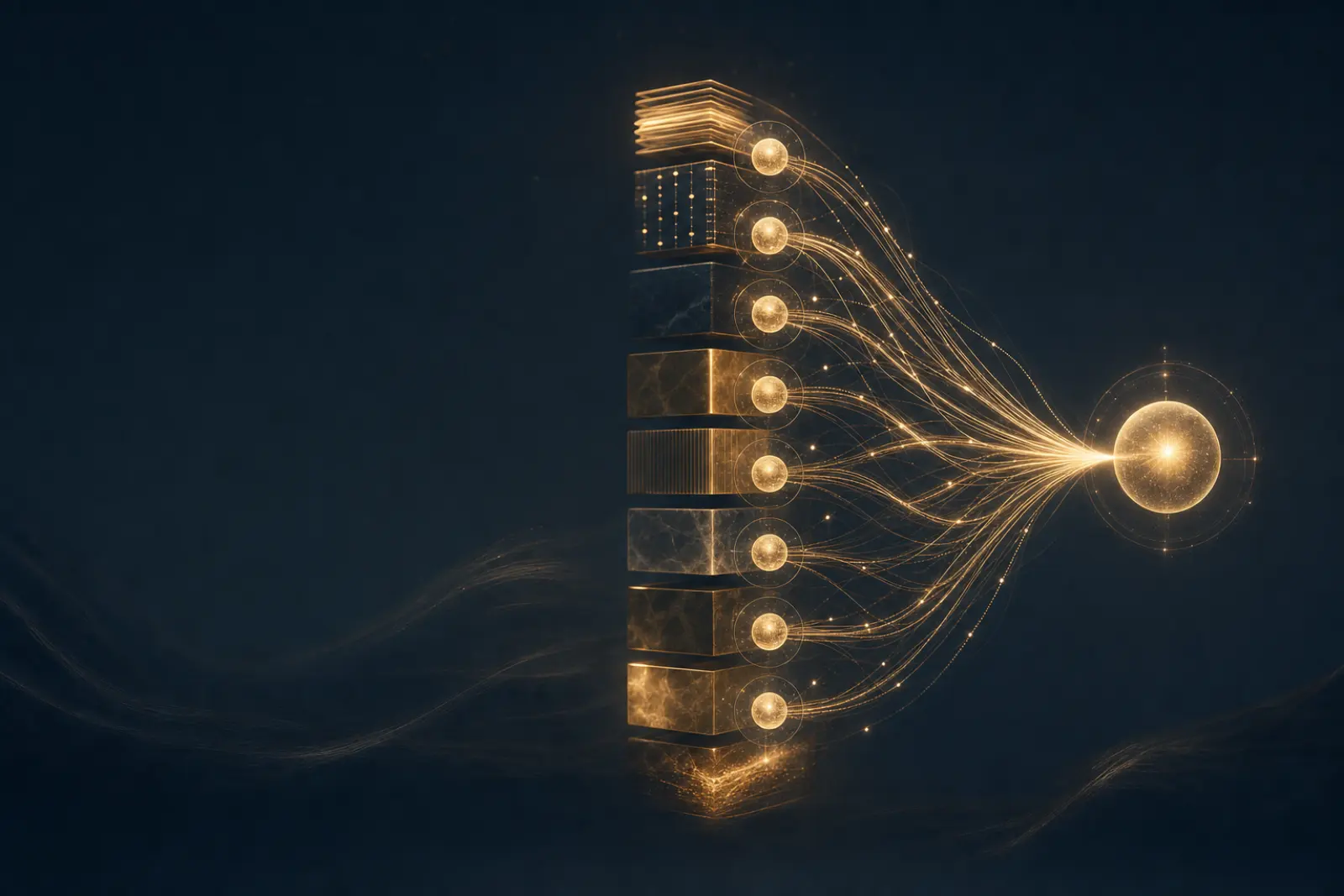 Illustration abstraite : pipeline de nœuds lumineux reliés à une archive de sources.