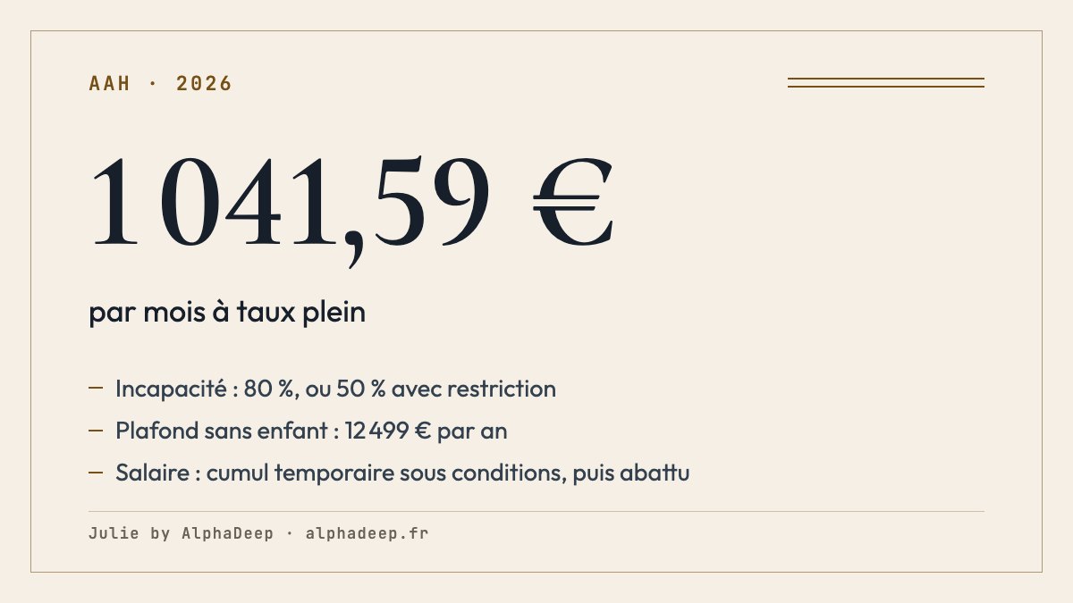 Fiche de synthèse : AAH à taux plein de 1 041,59 € par mois, incapacité d’au moins 80 % ou de 50 % avec restriction d’accès à l’emploi, plafond de 12 499 € par an sans enfant.