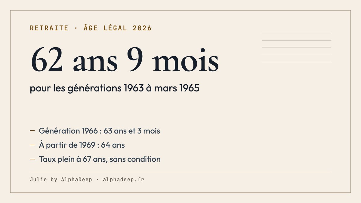 Fiche de synthèse : âge légal de 62 ans et 9 mois pour les générations 1963 à mars 1965, jusqu’à 64 ans à partir de 1969 ; 170 à 172 trimestres ; taux plein à 67 ans.