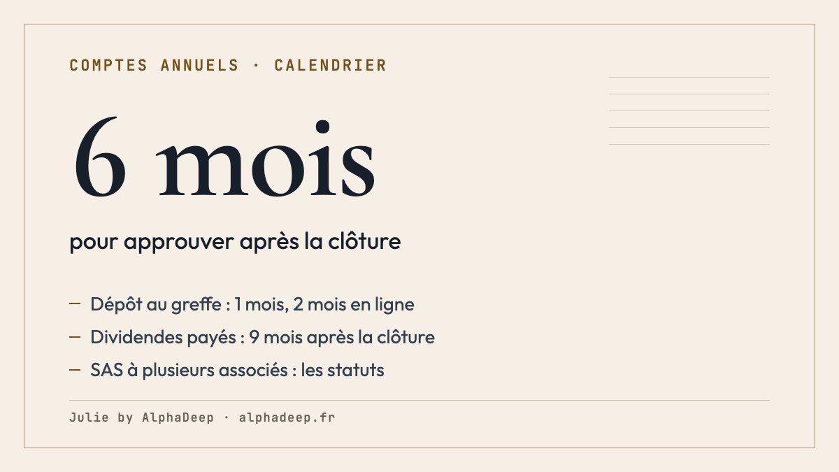 Fiche de synthèse : approbation des comptes dans les 6 mois de la clôture, dépôt au greffe dans le mois suivant, 2 mois en ligne, dividendes payés dans les 9 mois.