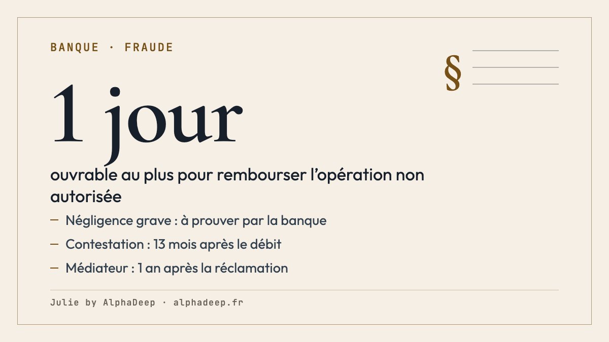 Fiche de synthèse : après une fraude au faux conseiller, opération non autorisée signalée selon L133-24, remboursement sous les exceptions de L133-18, négligence grave à prouver, 13 mois sauf information manquante.