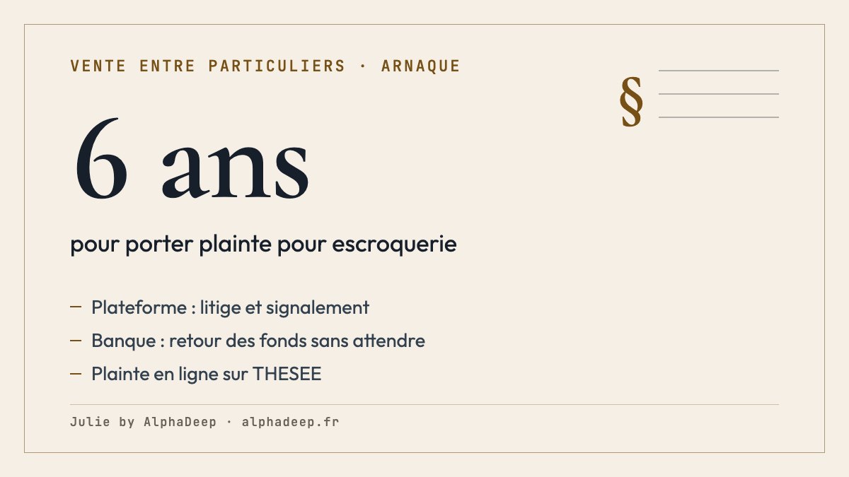 Fiche de synthèse : après une arnaque entre particuliers, litige sur la plateforme, règles spécifiques de révocation du virement et retour des fonds à demander sans attendre, plainte en ligne THESEE, prescription pénale ordinaire de 6 ans sous exceptions.