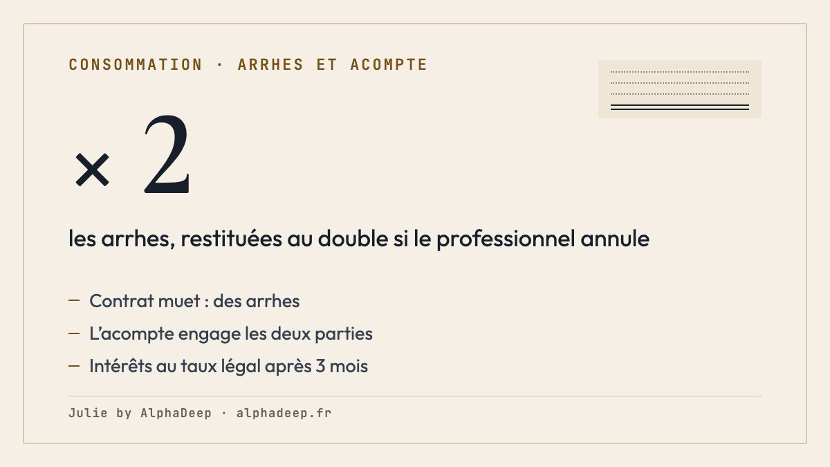 Fiche de synthèse : arrhes ou acompte ; sans précision du contrat, la somme versée d’avance est des arrhes ; le consommateur qui annule les perd, le professionnel restitue le double ; l’acompte engage les deux parties ; intérêts au taux légal 3 mois après le versement.