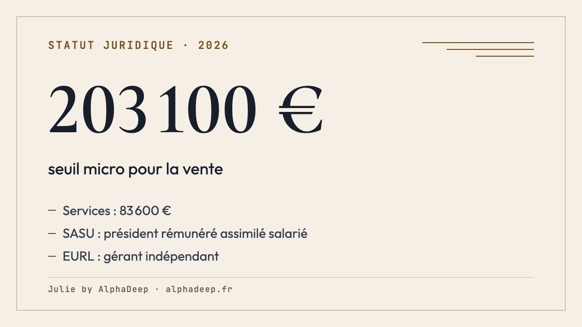 Fiche de synthèse : seul, entreprise individuelle ou micro sous 203 100 € en vente et 83 600 € en services, EURL ou SASU ; à plusieurs, SARL ou SAS.