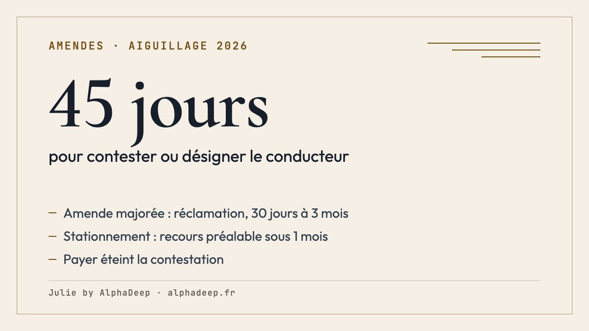 Fiche de synthèse : 45 jours pour contester un avis de contravention ou désigner le conducteur, réclamation pour une amende majorée, recours préalable sous 1 mois pour un forfait de post-stationnement.