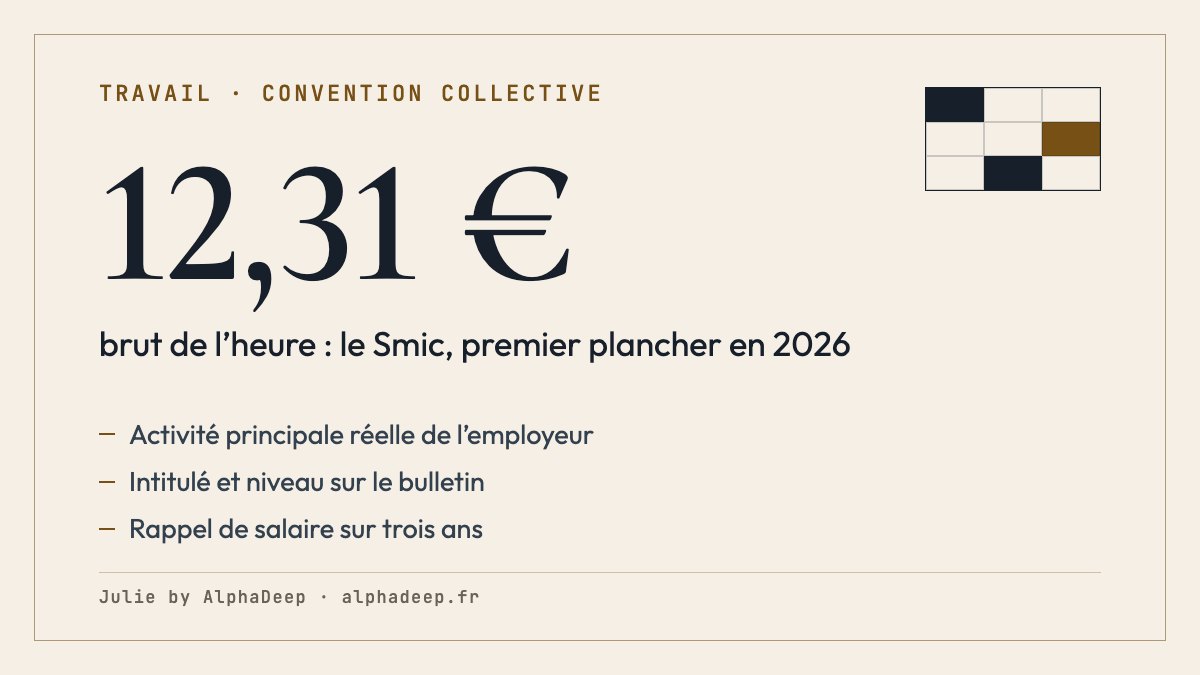 Fiche de synthèse : convention collective applicable ; celle de l’activité principale réelle de l’employeur ; code APE seulement indice ; intitulé et niveau sur le bulletin de paie ; salaire au moins égal au minimum de la grille et au Smic, 12,31 € de l’heure en 2026 ; rappel sur trois ans.