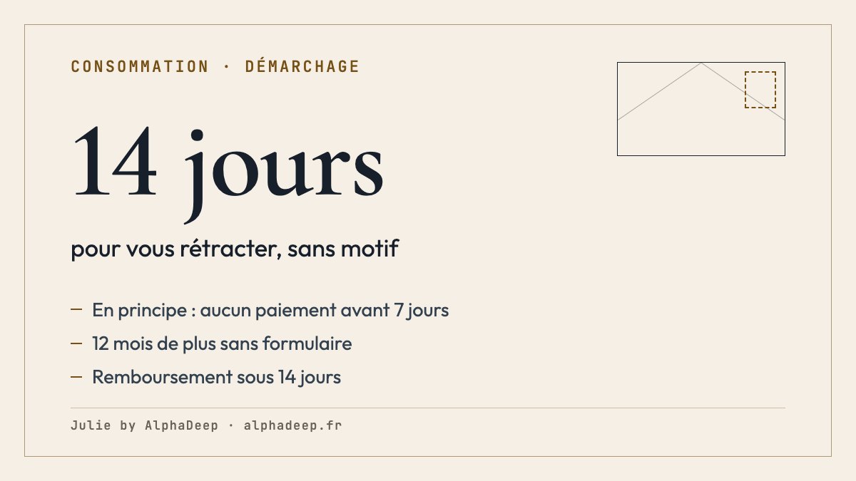 Fiche de synthèse : démarchage à domicile ; en principe aucun paiement avant 7 jours, hors exceptions légales, à peine de nullité ; 14 jours pour se rétracter, à partir de la signature pour un service ou de la réception pour un bien ; 12 mois de plus sans formulaire ; remboursement sous 14 jours, sous réserve du retour ou de sa preuve pour un bien.