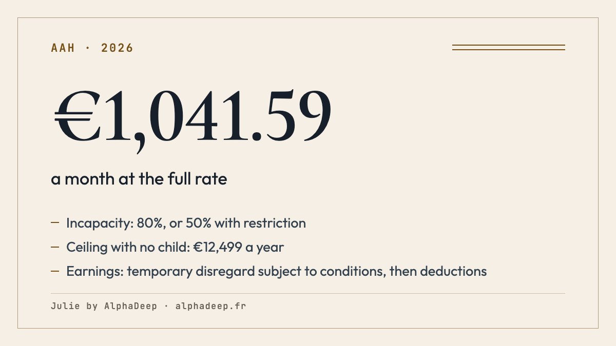 Summary card: full-rate AAH of €1,041.59 a month, incapacity of at least 80% or 50% with restricted access to work, ceiling of €12,499 a year with no child.