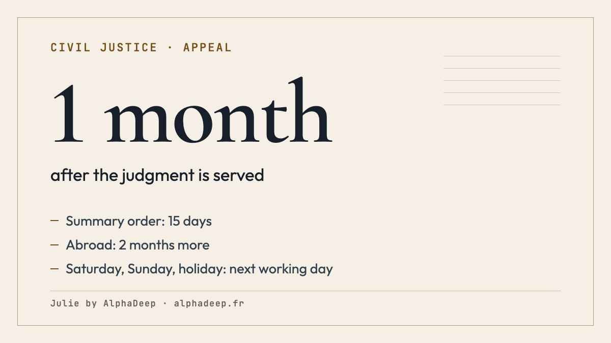 Summary card: appeal time limit of one month after service, 15 days for a summary order, 2 months more from abroad, extended to the next working day.