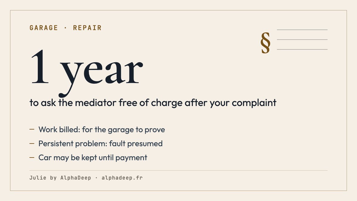 Summary card: in a dispute with a French garage, the garage must prove the work was ordered, fault is presumed if the problem persists, the car may be kept until payment, and the free mediator can be asked within 1 year of the complaint.