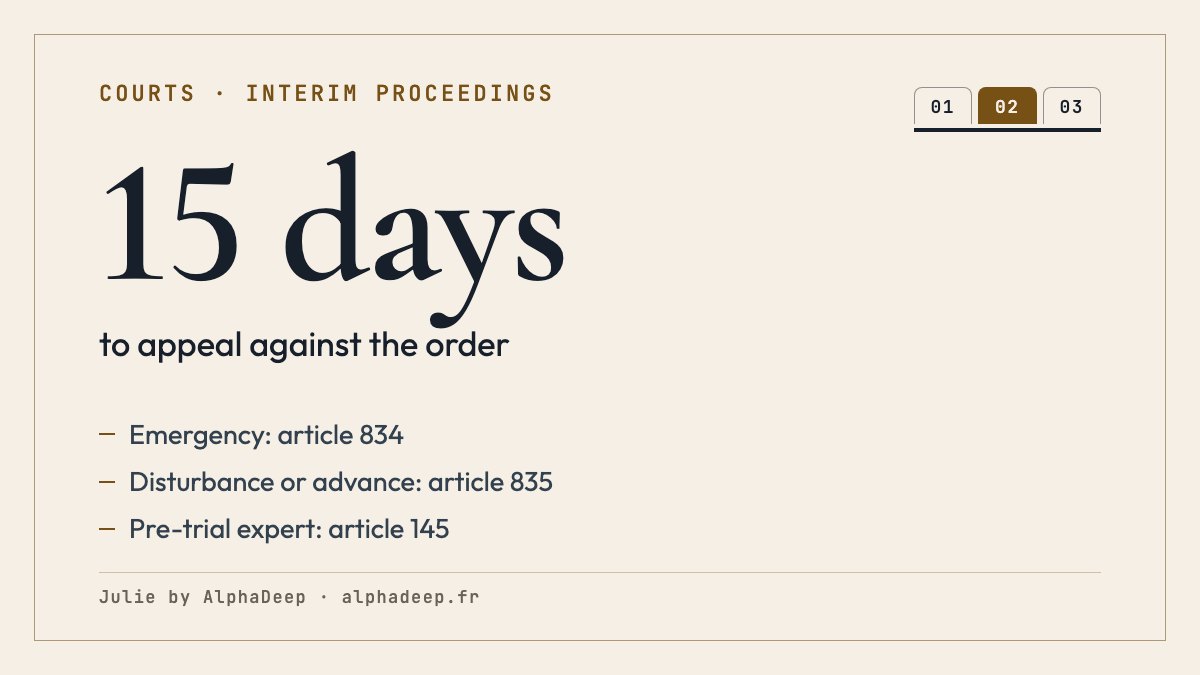 Summary card: French interim proceedings (référé); urgent measure (article 834), manifestly unlawful disturbance or undisputed advance (article 835), pre-trial expert (article 145); writ with exhibit list; order enforceable at once, appeal within 15 days.
