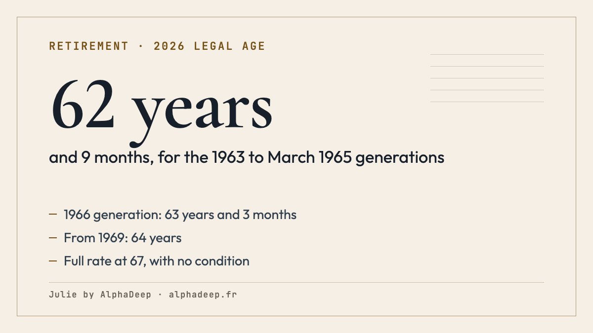 Summary card: legal age of 62 years and 9 months for the 1963 to March 1965 generations, up to 64 from 1969; 170 to 172 quarters; full rate at 67.