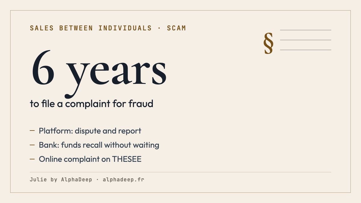 Summary card: after a scam between individuals in France, a dispute on the platform, specific transfer-revocation rules and a funds recall to request at once, the THESEE online complaint, an ordinary 6-year criminal limitation subject to exceptions.