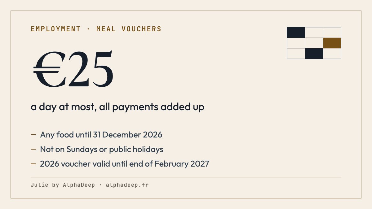Summary card: French meal vouchers in 2026; €25 a day at most; any food until 31 December 2026; not on Sundays or public holidays unless allowed; work département and bordering ones; a 2026 voucher is valid until the end of February 2027.