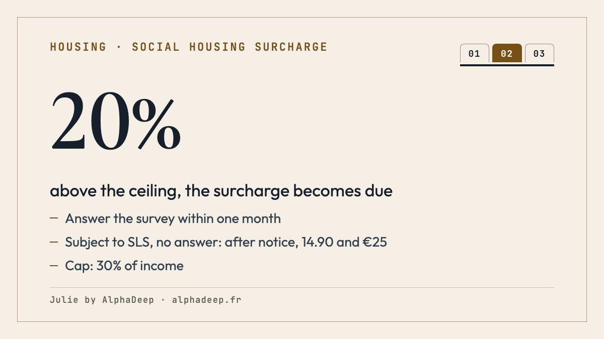 Summary card: French solidarity rent surcharge; due from a 20% excess over the ceiling; answer the survey within one month; without an answer after a 15-day formal notice, coefficient 14.90 and €25 of costs; rent and surcharge capped at 30% of income.