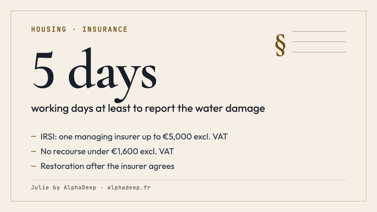 Summary card: water damage in France is reported as soon as discovered, within the contract’s reporting period, which cannot be shorter than 5 working days; the IRSI agreement names a managing insurer up to €5,000 excluding VAT, without recourse under €1,600; only urgent repairs before the insurer agrees.