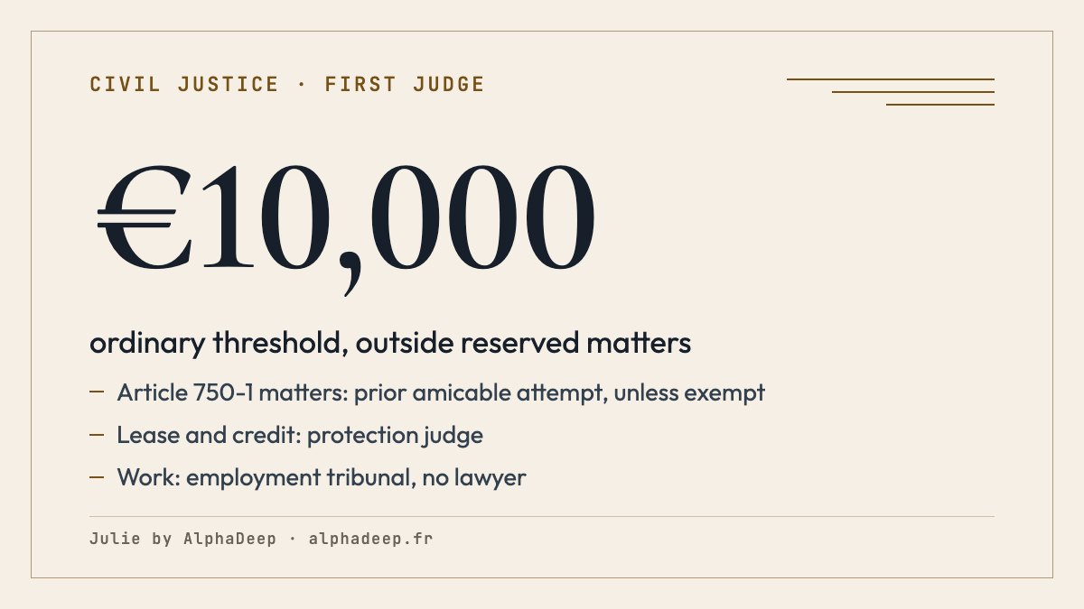 Summary card: judicial court without a lawyer up to €10,000, prior amicable attempt for article 750-1 matters unless exempt, the protection judge for leases and credit, the employment tribunal without a lawyer.