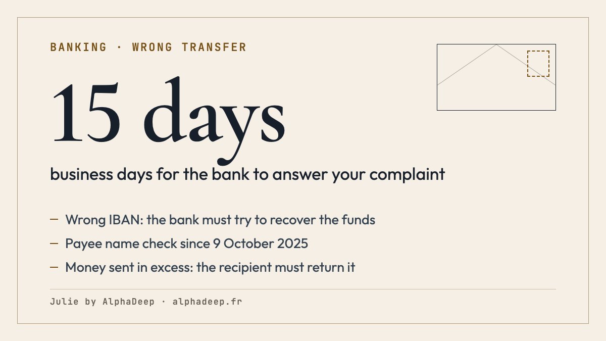 Summary card: euro SEPA transfer between EU banks, payer bank in metropolitan France, to a wrong IBAN, deemed correctly executed but the bank must try to recover the funds (article L133-21); payee name check compulsory since 9 October 2025; the bank answers a complaint within 15 business days; money paid in excess must be returned by the recipient.