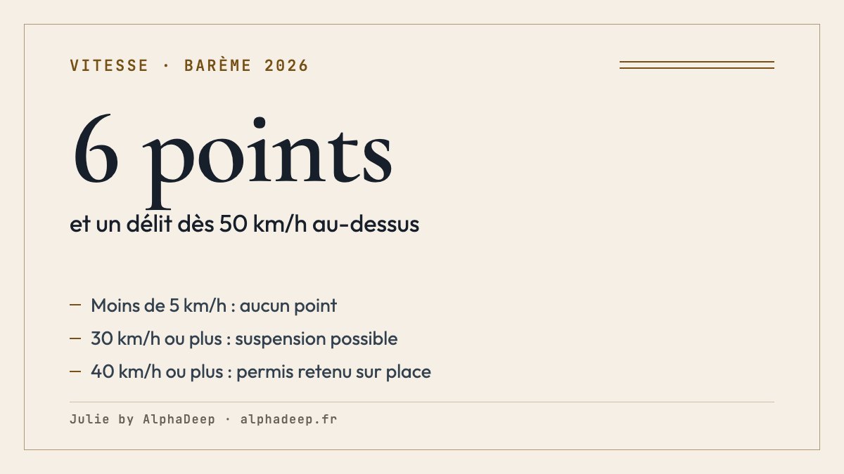 Fiche de synthèse : sanctions de l’excès de vitesse, de l’absence de point sous 5 km/h au délit à partir de 50 km/h au-dessus de la limite.
