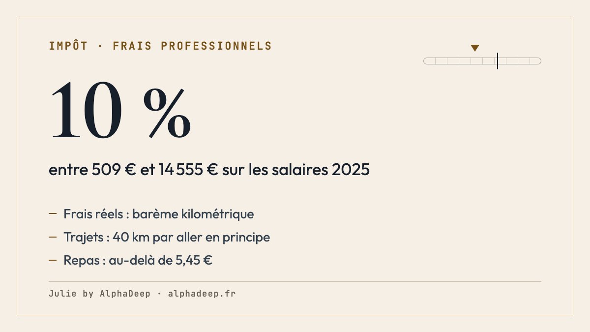 Fiche de synthèse : déduction de 10 % sur les salaires 2025 entre 509 € et 14 555 €, ou frais réels justifiés avec le barème kilométrique, jusqu’à 40 km par aller, et les repas au-delà de 5,45 €.