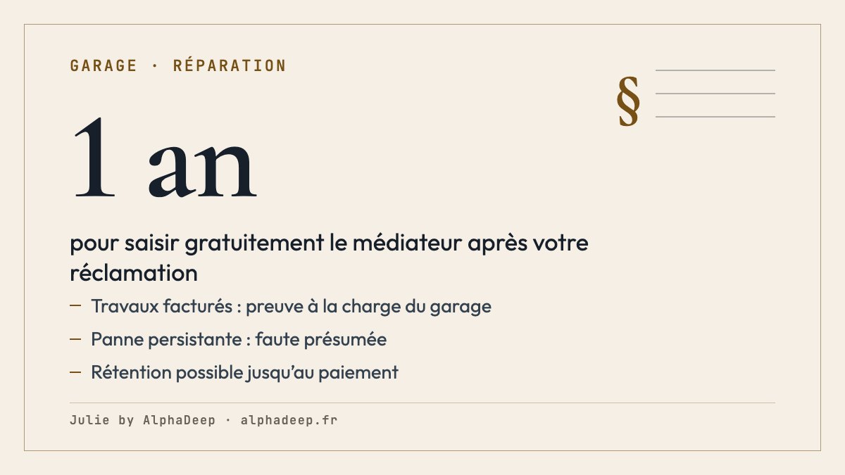 Fiche de synthèse : dans un litige avec un garagiste, preuve des travaux commandés à la charge du garage, faute présumée si la panne persiste, droit de rétention jusqu’au paiement, médiateur gratuit 1 an après la réclamation.