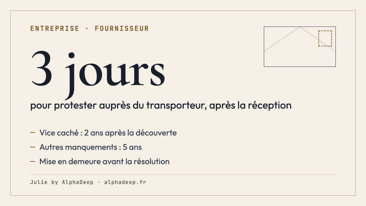 Fiche de synthèse : marchandise non conforme entre professionnels ; marchandise différente ou manquante, manquement à la délivrance ; avarie de transport, protestation motivée au transporteur dans les 3 jours ; vice caché, action dans les 2 ans de la découverte et 20 ans au plus après la vente.