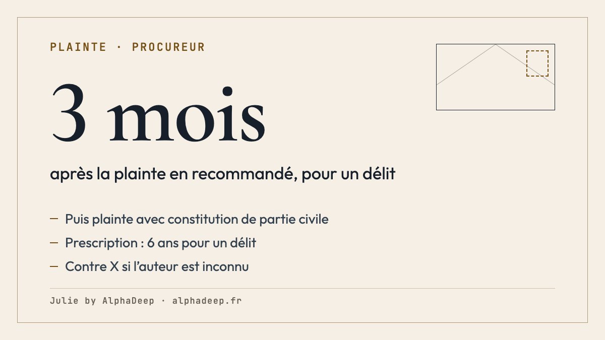 Fiche de synthèse : plainte par lettre au procureur de la République du lieu des faits ou du domicile de l’auteur, contre X si besoin ; prescription générale de 6 ans pour un délit ; en recommandé avec avis de réception, 3 mois avant de pouvoir se constituer partie civile.