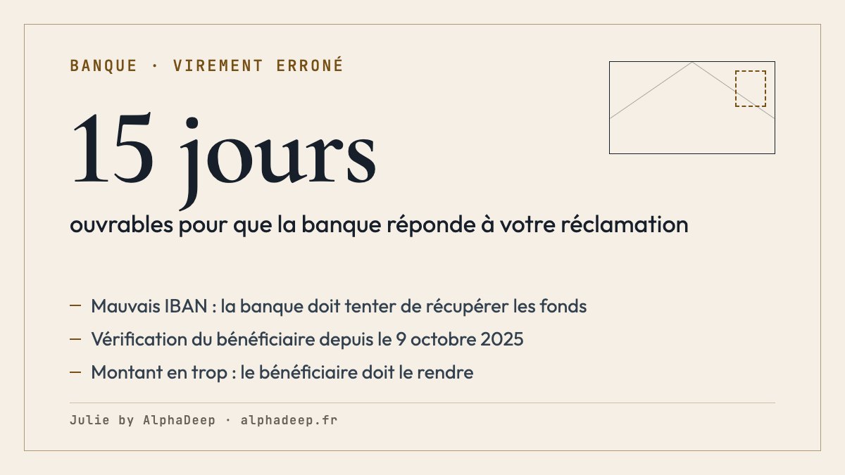 Fiche de synthèse : virement SEPA en euros entre banques de l’UE, banque du payeur en France métropolitaine, sur un mauvais IBAN, réputé bien exécuté mais la banque doit tenter de récupérer les fonds (article L133-21) ; vérification du bénéficiaire obligatoire depuis le 9 octobre 2025 ; réponse de la banque sous 15 jours ouvrables ; montant en trop à restituer par le bénéficiaire.