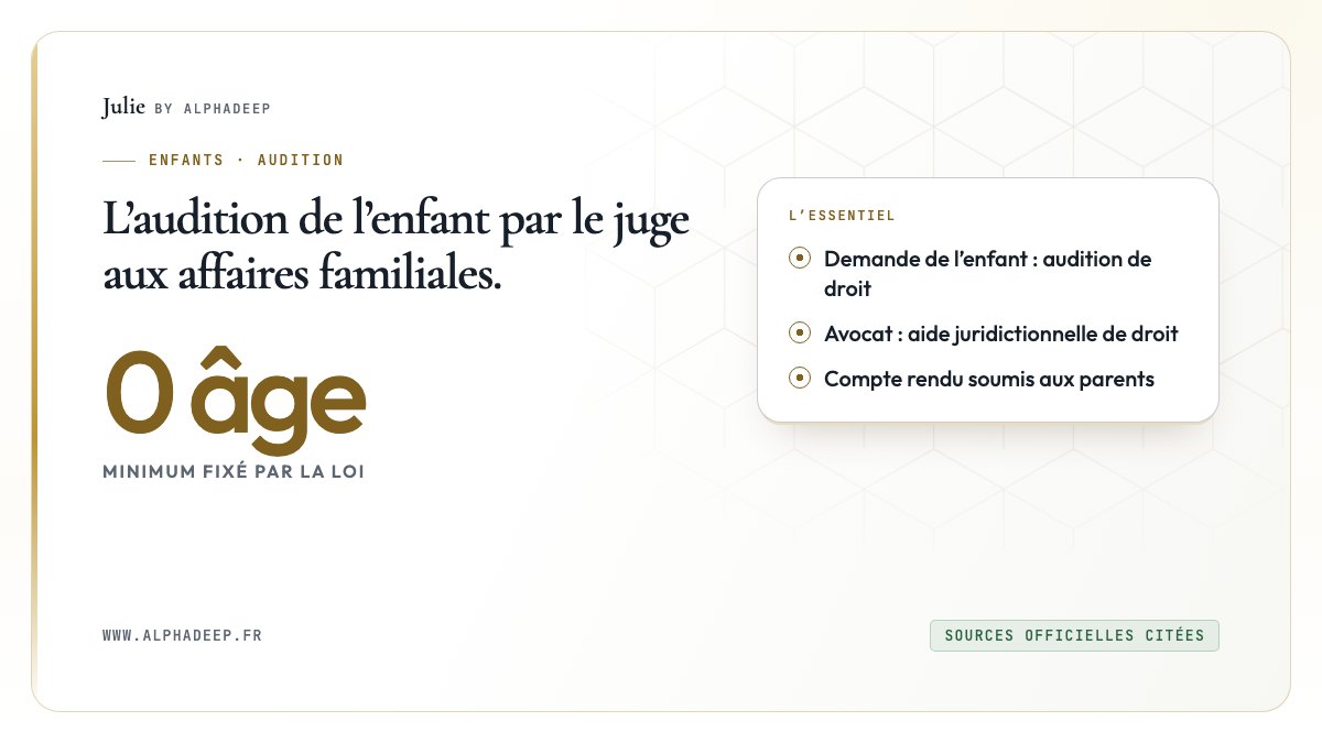 Fiche de synthèse : aucun âge minimum, audition de droit à la demande de l’enfant, avocat pris en charge.