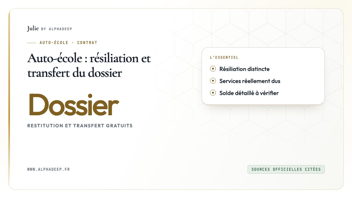 Auto-école : résiliation et transfert du dossier: Résiliation distincte, Services réellement dus, Solde détaillé à vérifier