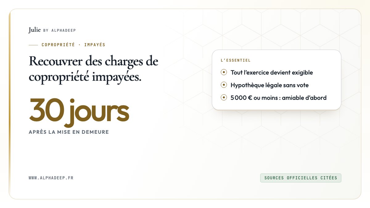Schéma : mise en demeure, trente jours, exigibilité du reste de l’exercice, hypothèque légale, puis le juge.