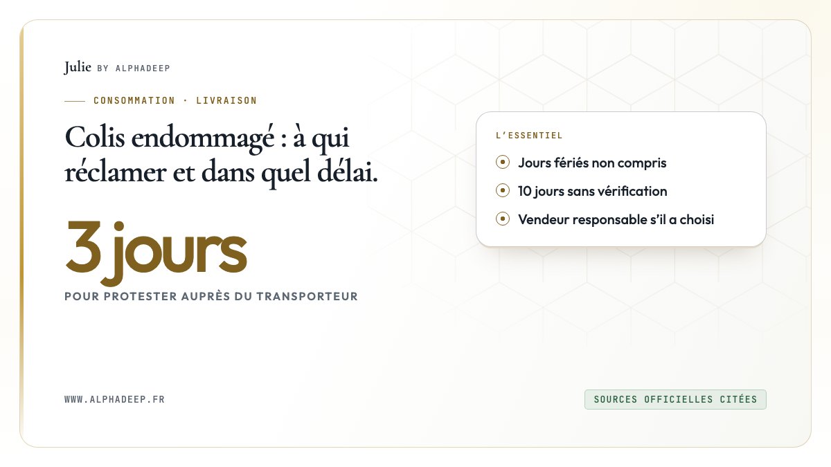 Schéma : réserves précises à la livraison, lettre recommandée au transporteur dans les 3 jours, 10 jours sans vérification possible.