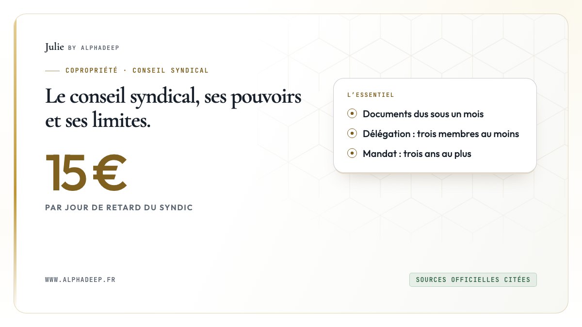 Fiche de synthèse : contrôle du syndic, documents sous un mois sinon 15 € par jour, délégation avec trois membres.
