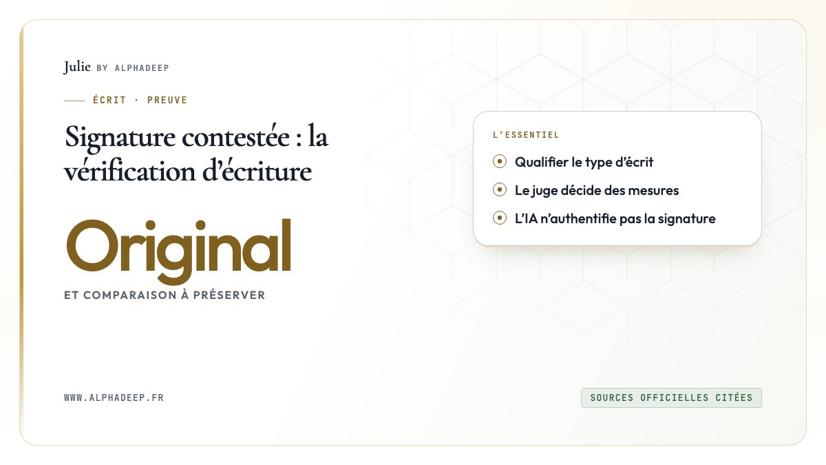 Signature contestée : original, comparaison et procédure, sans score d’authenticité.