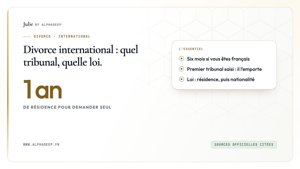 Schéma : un an de résidence pour demander seul, six mois pour un Français, premier tribunal saisi.