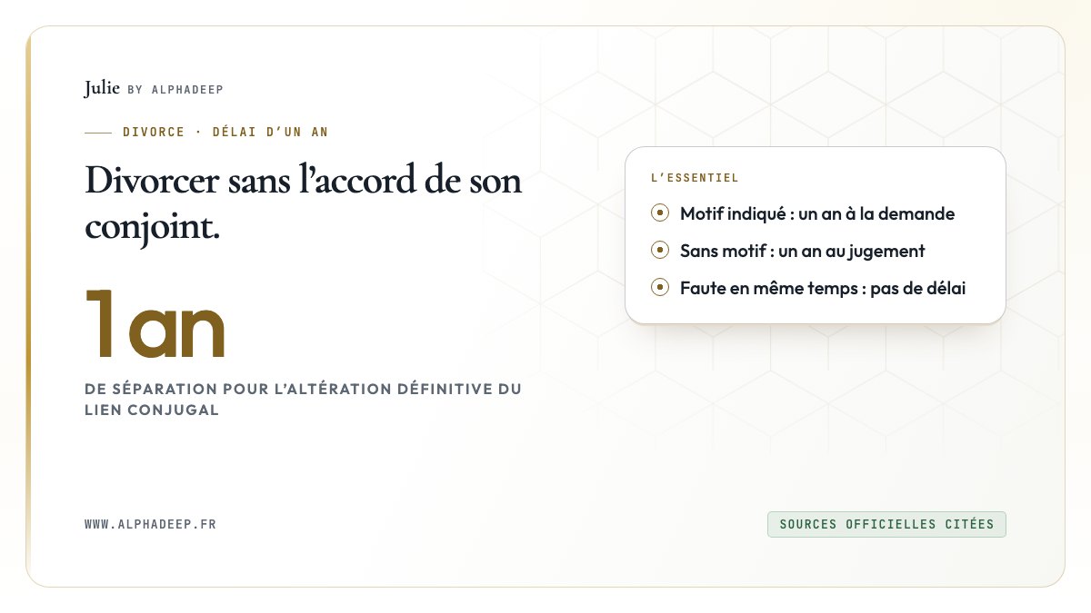Fiche de synthèse : un an de séparation à la demande, ou au jugement si l’assignation n’indique pas le motif.
