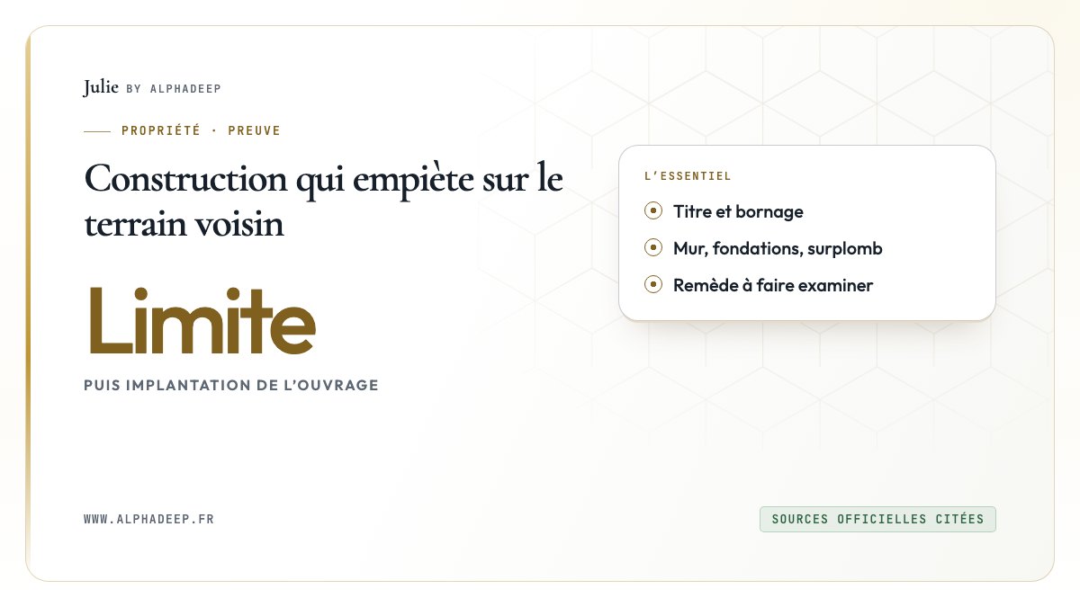 Construction qui empiète sur le terrain voisin: Titre et bornage, Mur, fondations, surplomb, Remède à faire examiner