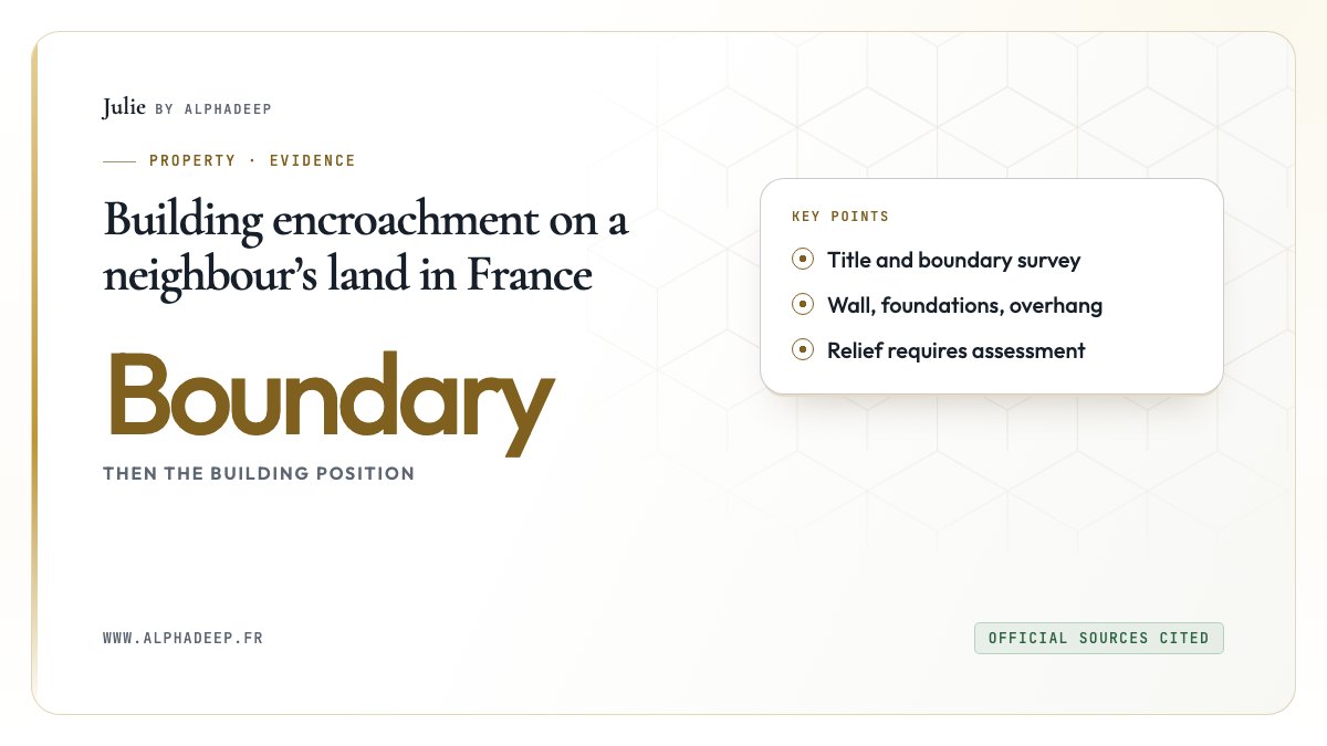 Building encroachment on a neighbour’s land in France: Title and boundary survey, Wall, foundations, overhang, Relief requires assessment