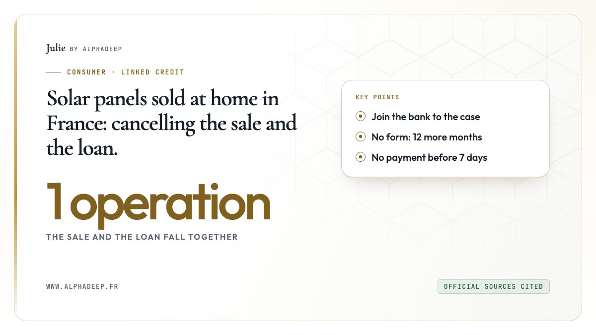 Diagram: a doorstep sale and its linked loan cancelled together if the bank is joined, grounds to check on the order form.
