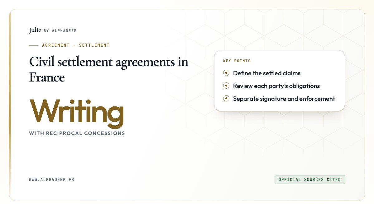 Settlement: scope, both sides’ concessions and enforceability.