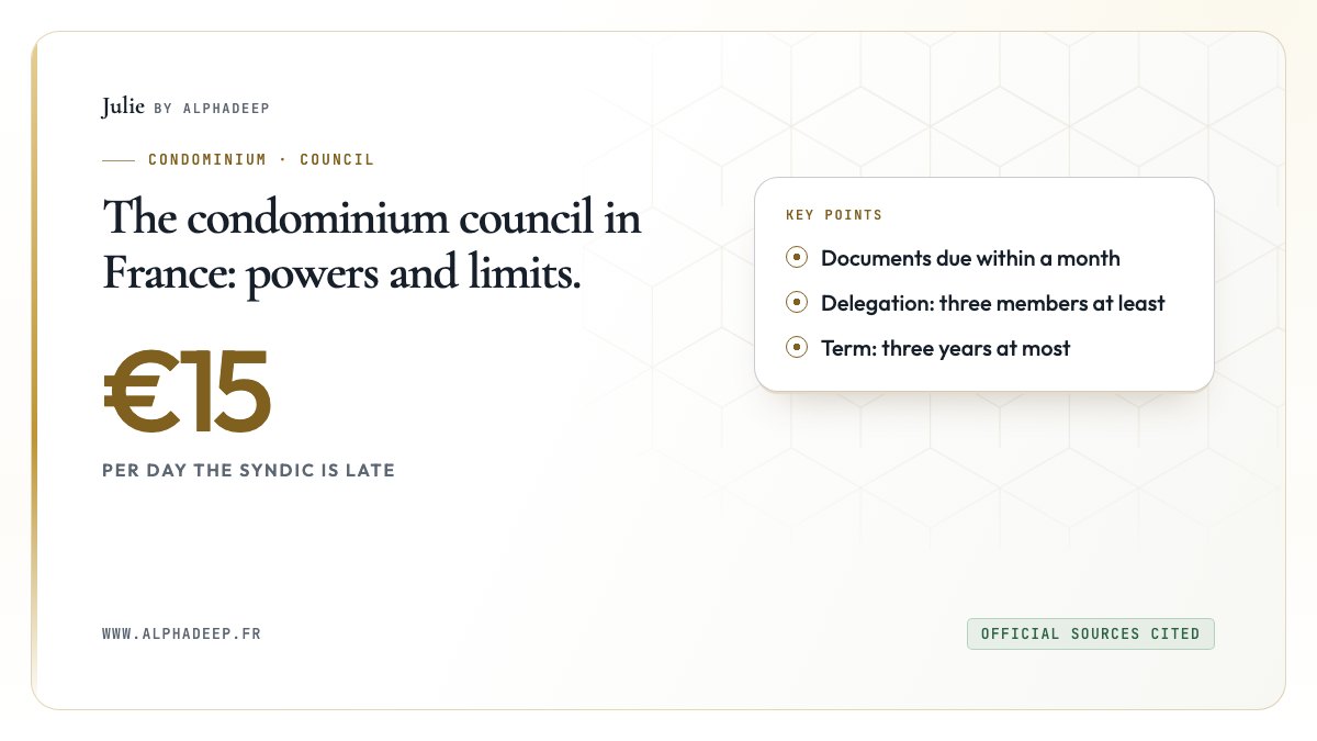 Summary card: overseeing the syndic, documents within a month or €15 a day, delegation with three members.