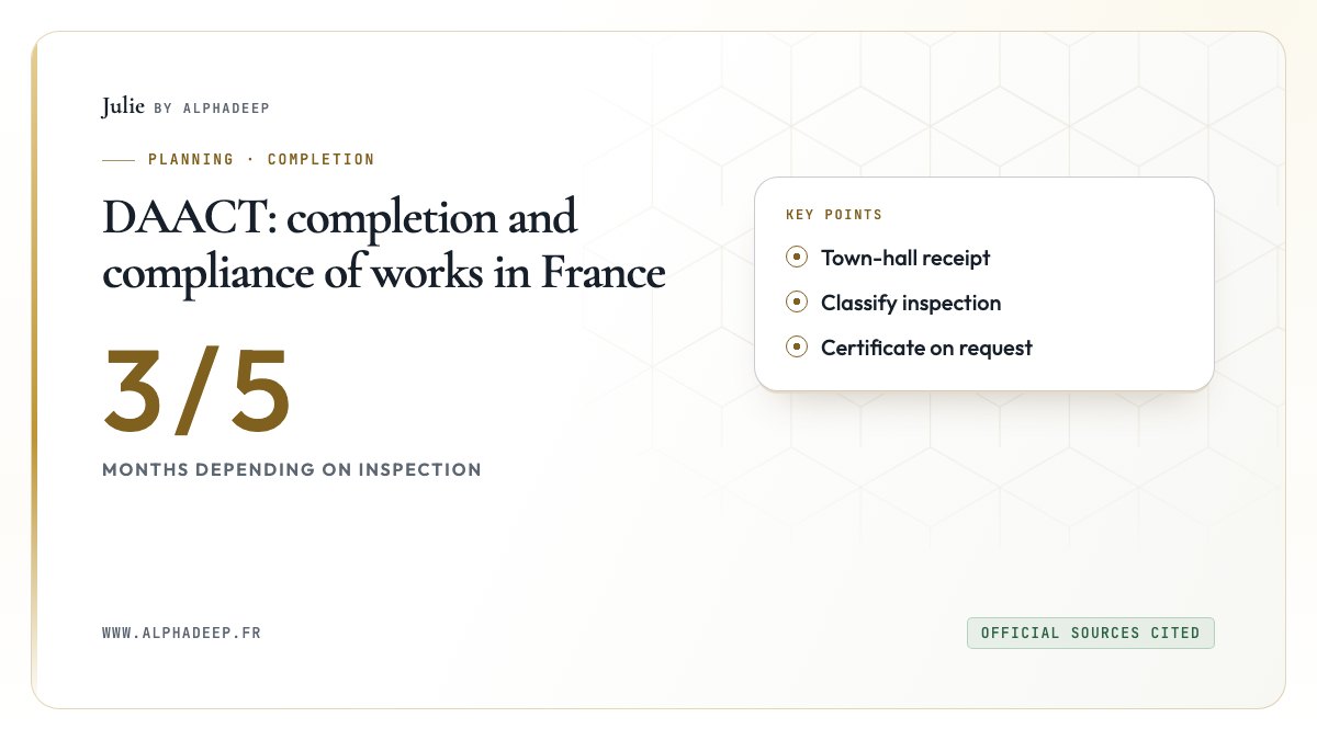 DAACT: completion and compliance of works in France: Town-hall receipt, Classify inspection, Certificate on request