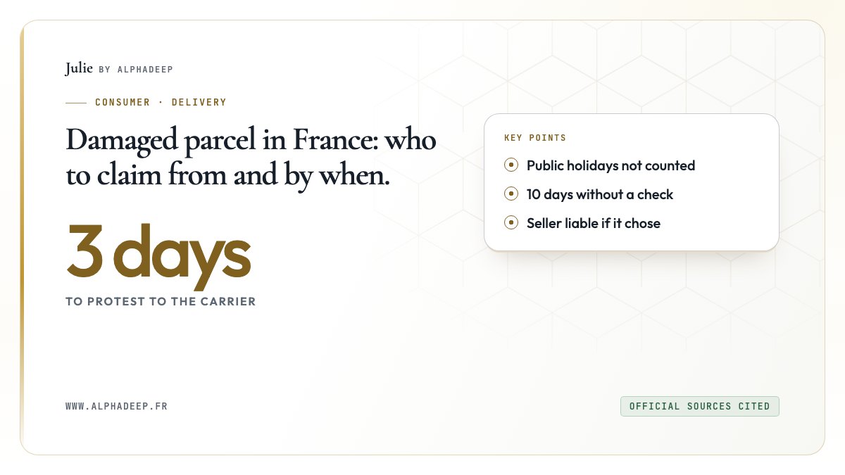 Diagram: precise reservations on delivery, a registered letter to the carrier within 3 days, 10 days if you could not check.