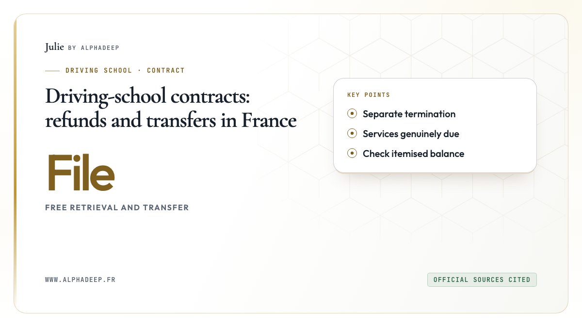 Driving-school contracts: refunds and transfers in France: Separate termination, Services genuinely due, Check itemised balance